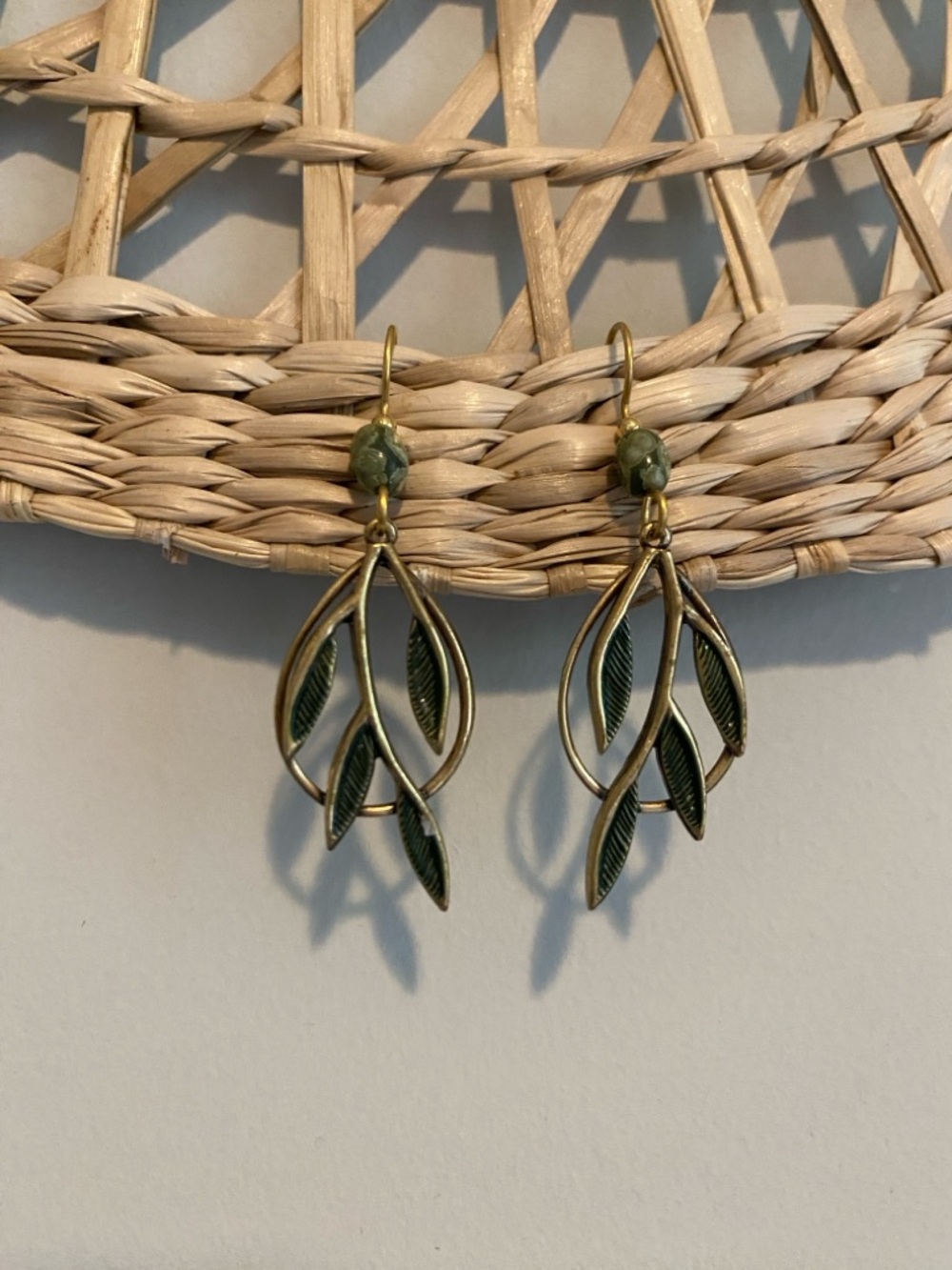 Silver Forest Antique Gold Leaf Drop Earrings with Olive Accents 🌿 Boho beauty